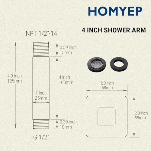 Gold Shower Arm with Flange, 4 Inch Square Extension Arm for Rainfall Shower Head, NPT 1/2 to G 1/2 Inch, Ceiling Mount, Brushed Gold - color: Brushed Gold, style: 4-Inch
