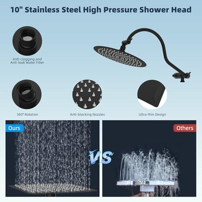Hibbent All Metal CUPC Certified Shower Head, 10'' High Pressure Rainfall Shower Head, Handheld Showerhead Combo with 12'' Adjustable Extension Arm, 10-Spray, 71'' Hose, Shower Holder, Matte Black - color: Matte Black, style: Round 10''