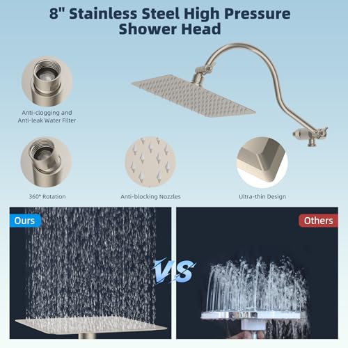 Hibbent All Metal CUPC Certified Shower Head, 8'' High Pressure Rainfall Shower Head, Handheld Showerhead Combo, 12'' Adjustable Extension Arm, 10 Sprays, 71'' Hose, Showerhead Holder, Brushed Nickel - color: Brushed Nickel, style: Square 8''
