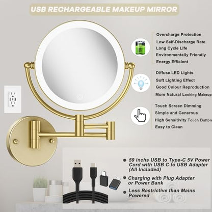 10X Magnifying Make up Mirror Wall Mounted with Light, Satin Brushed Gold | Double-sided Bathroom Close Makeup Vanity, 360 Rotation Swing Arm, Brass, 3 Color Lighting, Touch Dimmable, Rechargeable - color: Satin Brushed Gold