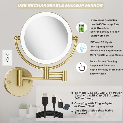 8 Inches Brass Lighted Makeup Mirror Wall Mounted with Magnification 1X/10x | Double Sided 3 Color LED Touch Dimming, 360 Swivel Extended Arm Shaving Vanity for Bathroom, Hardwired, Satin Brushed Gold - color: Satin Brushed Gold