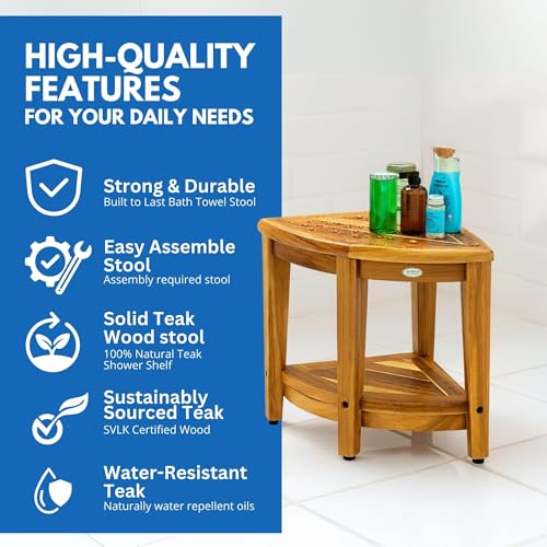 EcoDecors 18” Teak Corner Shower Stool –Waterproof Bench, Space-Saving Bathroom Seat | Compact Teak Shower Stool for Inside Shower | Sturdy 300 Pound Capacity with Shelf & Adjustable Feet | Corner teak shower bench supports up to 350 lb with adjustable no