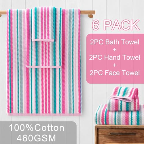 VOOVA & MOVAS Striped Towels 6 Pack, 100% Cotton, Pink Aqua | Bathroom & Guest Space, Available in 13x13, 16x27, 28x52 In, Quick Dry, Bath Towels with Hanging Loops, Absorbent - color: Pink + Aqua + Teal Striped, size: 6 PCS Bathroom Towels