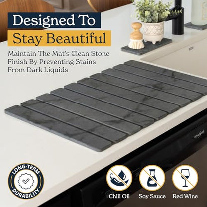 Oleex 3-Pack Stone Dish Drying Mat Set Includes 1 Large 24”x16” & 2 Small 4”x9” for Kitchen Counter-Collapsible Diatomaceous Earth Pad Absorbs Water & Dries Dishes Fast, Non-slip, Odor-Resistant Mats - color: Dark Grey Marble
