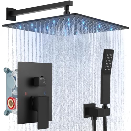 Aolemi Shower Faucet Set with Valve Handheld 16" LED Head Matte Black | Handheld Spray,16 Inch Rain LED Head,Valve and Trim Kit,All Metal,Wall Mount Shower System,Bathroom Mixer - color: Black, size: 16 Inch LED Shower Head