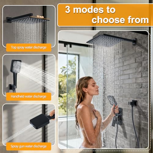 Shower System Modern Rain Brass Faucet Set With Valve and Diverter Shower Mixer With Handheld High Pressure Square Rainfall Shower Valve (12'' Wall Mount, Matte Black) - color: Matte Black, style: 12'' Wall Mount