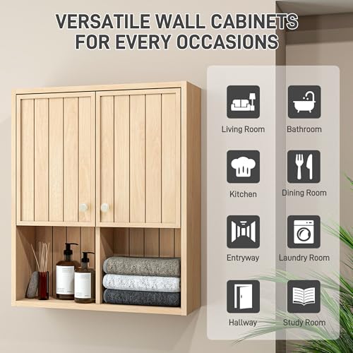 Bathroom Storage Cabinet Wall Mounted, Pre-Assembled Medicine Cabinet with 2 Doors, Slim Hanging Wall Cabinet Over The Toilet for Small Spaces, Modern Farmhouse Style,Natural Oak