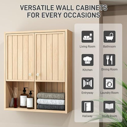 Bathroom Storage Cabinet Wall Mounted, Pre-Assembled Medicine Cabinet with 2 Doors, Slim Hanging Wall Cabinet Over The Toilet for Small Spaces, Modern Farmhouse Style,Natural Oak