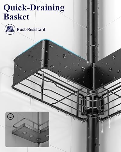 Kitsure Tension Pole Shower Caddy - Adjustable Corner Shower Shelf with Metal Baskets, Rust-Resistant Bathroom Shower Organizer, No-Drill Installation, (Adjustable Height: 34.2-114.1 in), W 7.5 in