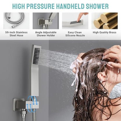Thermostatic Shower System with 6 Body Jets & 16-Inch Ceiling Rainfall Shower Head Luxury Full Body Brushed Nickel Shower Faucet with Handheld Sprayer, Shower Fixtures Set with Valve and Trim - color: Brushed Nickel