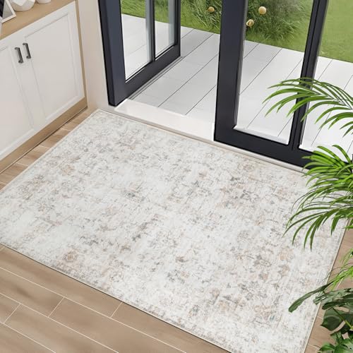 Washable 2×3 Area Rug for Entryway Indoor, Vintage Floral Small Area Rug Soft Non Slip Stain Resistant Boho Carpet for Front Door Dinning Room Kitchen Bedroom Beige - color: Beige, size: 2' x 3'