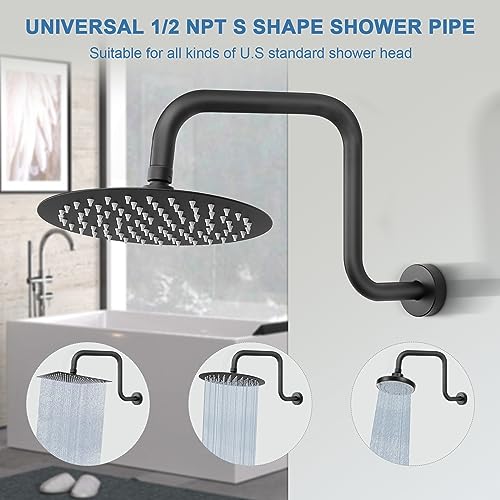 S Shaped Shower Arm, High Rise Shower Head Extension Pipe Standard 1/2" Connection with Flange, Awesome Shower Experience-Stainless Steel Bathroom Accessory(13 Inch Z-S Shape, Matte Black) - color: Matte Black, style: 13" Z Shape