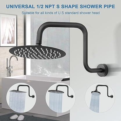 S Shaped Shower Arm, High Rise Shower Head Extension Pipe Standard 1/2" Connection with Flange, Awesome Shower Experience-Stainless Steel Bathroom Accessory(13 Inch Z-S Shape, Matte Black) - color: Matte Black, style: 13" Z Shape