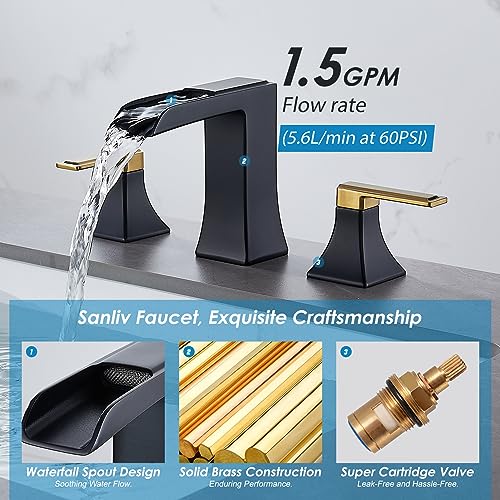 Two-Tone Black and Gold Bathroom Faucet, Sanliv 2-Handle Widespread Bathroom Faucet for 3-Hole Sinks 4-8 Inch, 3-Piece Waterfall Vanity Faucets with Pop-Up Drain, Black and Gold - color: Black and Gold