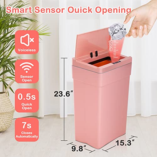 13 Gallon 50 Liter Kitchen Trash Can with Touch-Free & Motion Sensor Lid, Automatic Plastic Garbage Can, Touchless Trash Bin Automatic Trash Can for Bedroom Bathroom Home Office - color: Pink