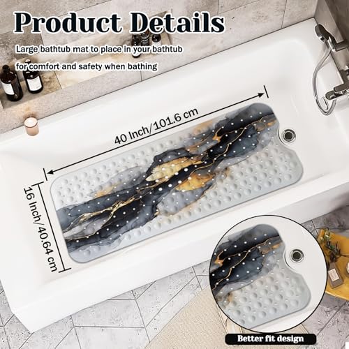 Marble Bath Tub Mat Non Slip, Black White Gold Marble Non Slip Bath Mat for Shower, Large Washable Shower mats for Showers with Drain Holes and Suction Cups,40 X 16 Inch - color: Black White Gold Marble