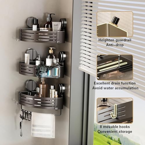 Shower Caddy Suction Shower Shelf No Drilling Shower Organizer Suction Cup Shower Storage Rack Aluminum Wall Mounted Shampoo Holder with Towel Bar Hooks (1-Pack, Matte Gray)