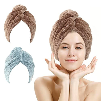 M-bestl 2 Pack Hair Drying Towels, Hair Wrap Towels,Absorbent Microfiber Hair Towel Turban with Button Design to Dry Hair Quickly(Star Green&Camel) - color: Star Green&camel