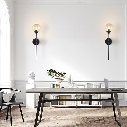 KCO Lighting Mid Century Modern 1-Light Wall Sconce Lighting Set of Two Matte Black Globe Vanity Wall Light Fixture Set of 2 Amber Glass Bathroom Wall Lamp Industrial Long Pole Wall Sconce - color: Black+Amber