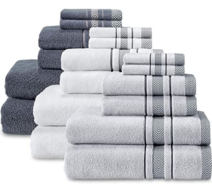 Bath Towels Set for Bathroom – Luxury 6-Piece Cotton Towels, Soft Absorbent & Quick Dry, 600 GSM Bath Towels for Bathroom, Hotel Spa Quality (White/Grey, 6- Bath Towel Set) - color: White/Grey