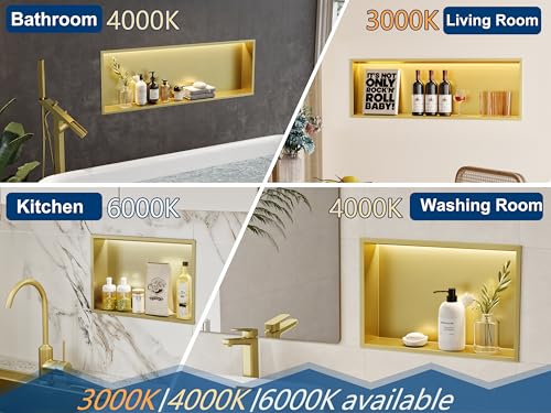 36"x12" Gold LED Shower Niche,3 CCT Dimmable Light, No Tile Needed | 304 Stainless Steel Bathroom Niche w/ Light(3000K/4000K/6000K), IP66 Waterproof, Space Saving & Durable ,LED Driver Included - color: Brass Gold, size: 36X12In