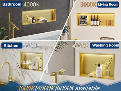 36"x12" Gold LED Shower Niche,3 CCT Dimmable Light, No Tile Needed | 304 Stainless Steel Bathroom Niche w/ Light(3000K/4000K/6000K), IP66 Waterproof, Space Saving & Durable ,LED Driver Included - color: Brass Gold, size: 36X12In