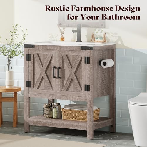 AMERLIFE 24" Gray Farmhouse Bathroom Vanity with Sink and Open Shelf | Light Gray, Single Solid White Integrated Top, Moisture-Resistant MDF, Barn Doors, Open Shelf, Paper Towel Holder - color: Light Gray, size: 24“