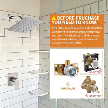 Brushed Nickel Shower Faucet Single Function Trim Kit with Rough-in Valve Set Bath Rainfall Shower System 8inch Square Stainless Steel Metal Shower Head - color: Brushed Nickel