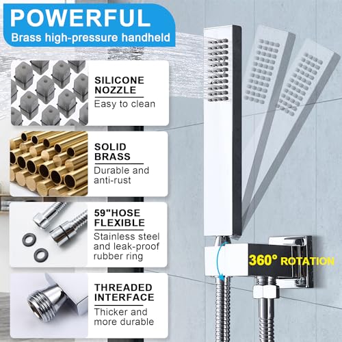 Rain Shower System,12 Inch Wall Mounted Rain Shower Head with Body Jets and Handheld Shower, Push Button Thermostatic Shower Faucet Set, Can Use all Options at a Time, Polished chrome - color: Polished Chrome, style: 12inch+4 body jets