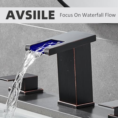 LED Bathroom Faucet 3 Hole, Oil Rubbed Bronze Waterfall Bathroom Faucets, 8 Inch Widespread Modern Bathroom Sink Faucet & Parts, Wide Spread Touch On Three Hole 2 Handle Bathroom Vanity Faucet - color: Oil Rubbed Bronze