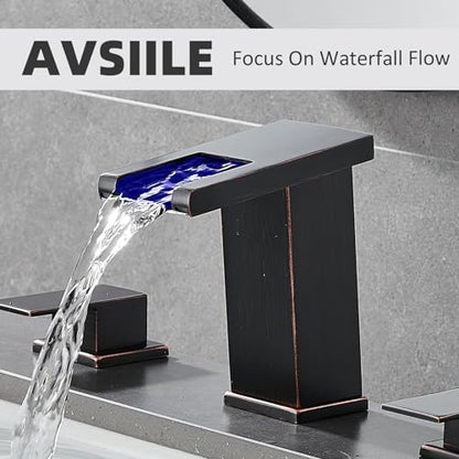LED Bathroom Faucet 3 Hole, Oil Rubbed Bronze Waterfall Bathroom Faucets, 8 Inch Widespread Modern Bathroom Sink Faucet & Parts, Wide Spread Touch On Three Hole 2 Handle Bathroom Vanity Faucet - color: Oil Rubbed Bronze