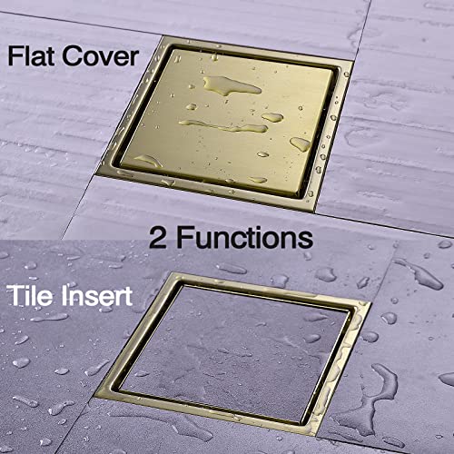 TRUSTMI 6 Inch Square Invisible Bathroom Shower Floor Drain with Removable Tile Insert Grate Cover, Brushed Gold, SUS 304 Stainless Steel - size: Tile-Insert