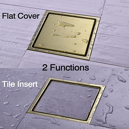 TRUSTMI 6 Inch Square Invisible Bathroom Shower Floor Drain with Removable Tile Insert Grate Cover, Brushed Gold, SUS 304 Stainless Steel - size: Tile-Insert