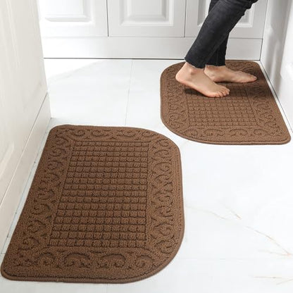 COSYHOMER 27x18 Half Round Kitchen Rug,Non Slip Washable Mat,Brown 2PCS | Polypropylene tufted textile,small half circle rug,kitchen sink mat,Kitchen floor mat - color: Brown 2pcs, size: 1'6" x 2'3" (Semicircular)