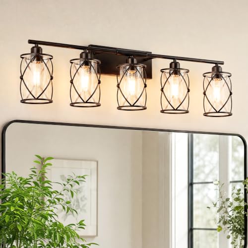 5-Light Oil Rubbed Bronze Bathroom Light Fixtures Over Mirror, 38" UL-Listed Modern Farmhouse Wall Sconce Lights with Clear Glass and Metal Cage for Bath, Hardwire E26, CH9176ORB-5W - color: Bronze + Clear Glass, size: 5-Light, 38.5" L