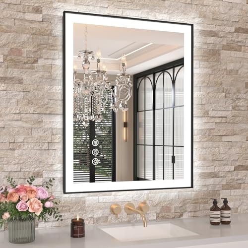 Amorho LED Bathroom Mirror, 24"x30" Frontlit&Backlit, Controlled Separately | Black Metal Frame, Stepless Dimmable, Anti-Fog, HD Reflection, Shatter-Proof, 3 Colors Lighting, Memory, UL Listed - color: Front and Backlit With Frame(separate Dimming), size: