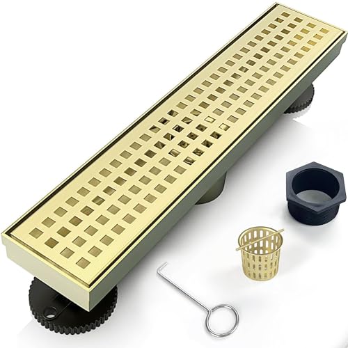 12 Inch Linear Shower Drain Bathroom Kitchen Golden Floor Drain Removable Capsule Pattern Cover Accessories Shower Drain 304 Stainless Steel Drain with Hair Strainer Adjustable Leveling Feet - color: Golden, size: 12 Inch