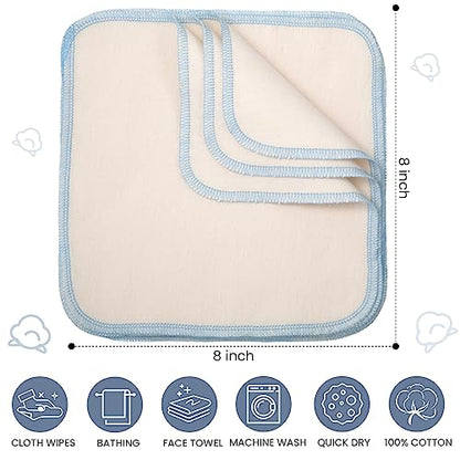 Mixweer 96 Pcs Flannel Cloth Baby Wipes Reusable Baby Diapers Wipes Washable Natural Unbleached Face Wipes Soft and Sturdy Cloth Wipes 8 Colors Outer Stitching 8 x 8 Inches