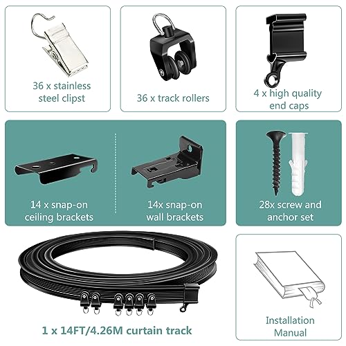 Ceiling Curtain Track, Flexible Bendable Curtain Track 14 Ft Black Curved Curtain Rail Track Ceiling Wall Mount Sliding Curtain Ceiling Track System Set for RV, Bay Window, Room Divider - color: Black, size: 14Ft