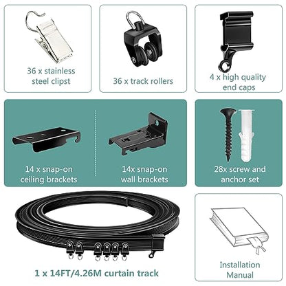 Ceiling Curtain Track, Flexible Bendable Curtain Track 14 Ft Black Curved Curtain Rail Track Ceiling Wall Mount Sliding Curtain Ceiling Track System Set for RV, Bay Window, Room Divider - color: Black, size: 14Ft