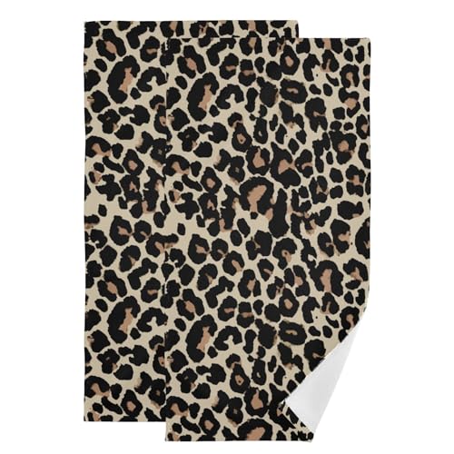 2 Pack Black Brown Leopard Hand Towels for Bathroom,Absorbent Fingertip Guest Cheetah Skin Print Decorative Bath Towels,Soft Western Animal Fur Design Dish Towels for Kitchen Decor 14"x28" - color: Black Brown
