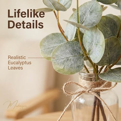 Muhanjia Artificial Eucalyptus Stems in Glass Vase with Faux Water,3Pcs Fake Plant with Double-Sided Green Leaves for Centerpiece(Double-Sided Green Eucalyptus)