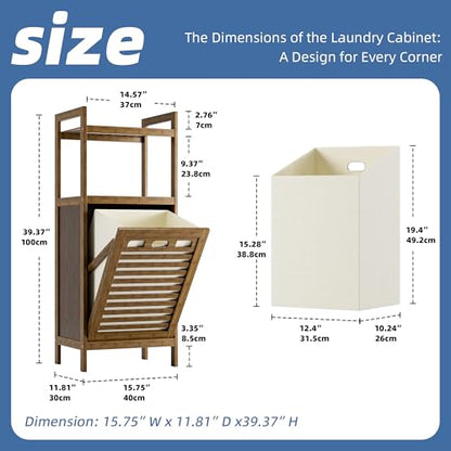HITNET Bamboo Tilt Out Laundry Hamper, Bathroom Storage Cabinet with Hidden Removable Basket and 2 Open Shelves, Space Saving Bamboo Storage for Clothes, Towels and Toys, Walnut - color: Walnut