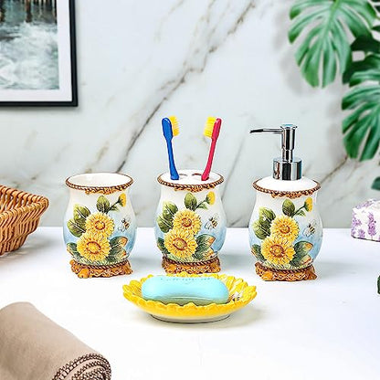 Ceramic Sunflower Bathroom Accessories Set, 4 Piece Bathroom Ensemble Set with Toothbrush Holder, Toothbrush Cup, Soap Dispenser, Soap Dish - color: Yellow