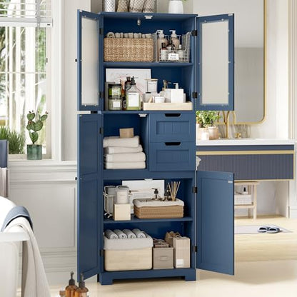 BOTLOG 67'' Tall Bathroom Storage Cabinet, Linen Cabinet with Glass Doors and Adjustable Shelves, Kitchen Pantry with 2 Drawers for Bathroom, Living Room, Dining Room, Blue | 2 Drawers, Linen Bathroom Cabinet with Glass Doors and Shelves for Living Room,