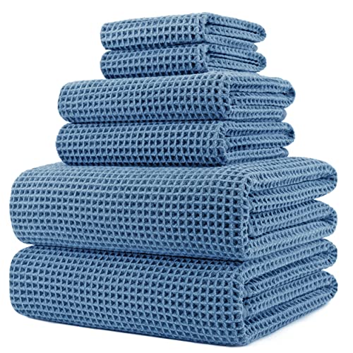 POLYTE 430 GSM Poly Blend Microfiber Quick Dry Waffle Bath Towel Set of 6 | 2-Body Towels, 2-Hand Towels, 2-Wash cloths, Oversize, Lint Free - color: Blue