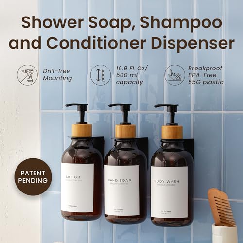 MaisoNovo Shampoo and Conditioner Dispenser|Refillable Amber Bamboo 3-Pack | 500 ml Shower Gel Dispenser Set of 3. Refillable Shampoo and Conditioner Bottles. Drill Free Secure Design. Amber Bamboo - color: Amber Bamboo Set of 3
