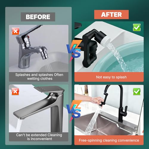 1440° Rotatable Faucet Extender - Universal Kitchen Sprayer, 2 Modes Splash Water Aerator, 1080°+360° Rotating Sink Faucet Aerator Extension, Swivel Faucet Adapter for Kitchen/Bathroom Black