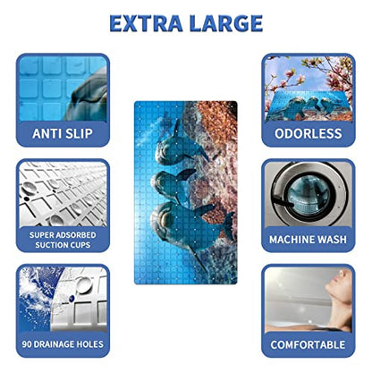 Bath Tub Mat Non Slip Shower Mat Three Dolphins Swiming in The Sea Extra Long Bathtub Mat 26.8x15 inches Bathroom Bath Mat with Suction Cups Drain Holes Machine Washable - color: Three Dolphins Swiming in the Sea