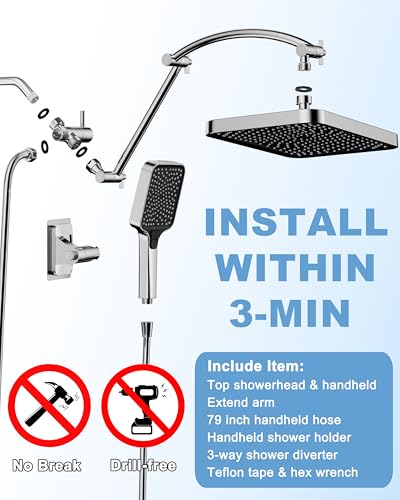 13 Inch Rain Shower Head Extension Arm 19 Inch, Shower Head High Pressure Showerheads, Shower Heads with Handheld Spray Combo Chrome